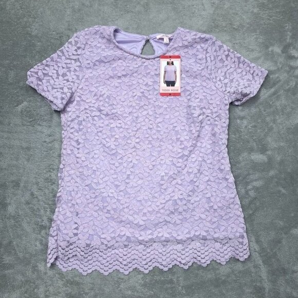 Teddi Tops - Teddi Rose Womens Lace Short Sleeve Top Medium Purple d0167